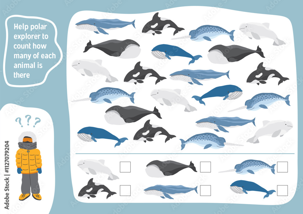 Obraz premium Math game for children with cute cartoon polar sea animals, Logical activities for kids, Count the number of animals. Vector illustration.