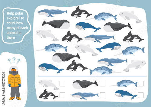 Math game for children with cute cartoon polar sea animals, Logical activities for kids, Count the number of animals. Vector illustration.
