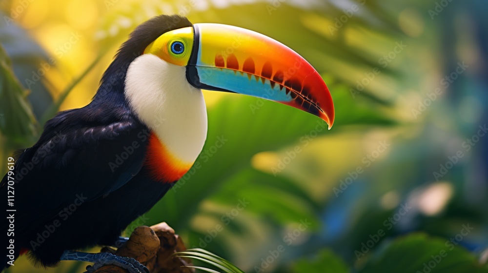 Vivid Close-up of Orange and Yellow Toucan with Glowing Beak in Lush Tropical Setting Vivid Close-up of Orange and Yellow Toucan with Glowing Beak in Lush Tropical Setting