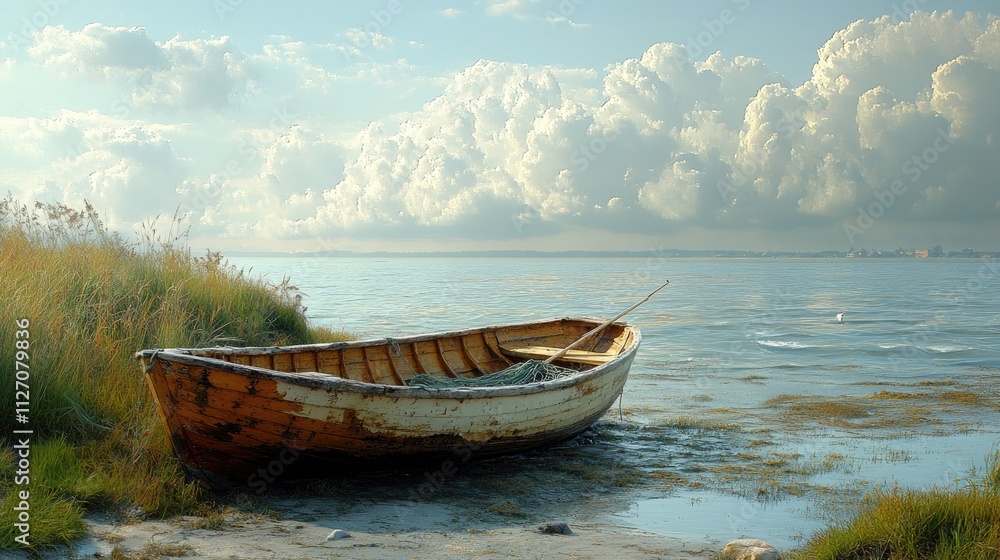 A serene scene featuring a wooden boat on a tranquil shoreline under a cloudy sky. A serene scene featuring a wooden boat on a tranquil shoreline under a cloudy sky.