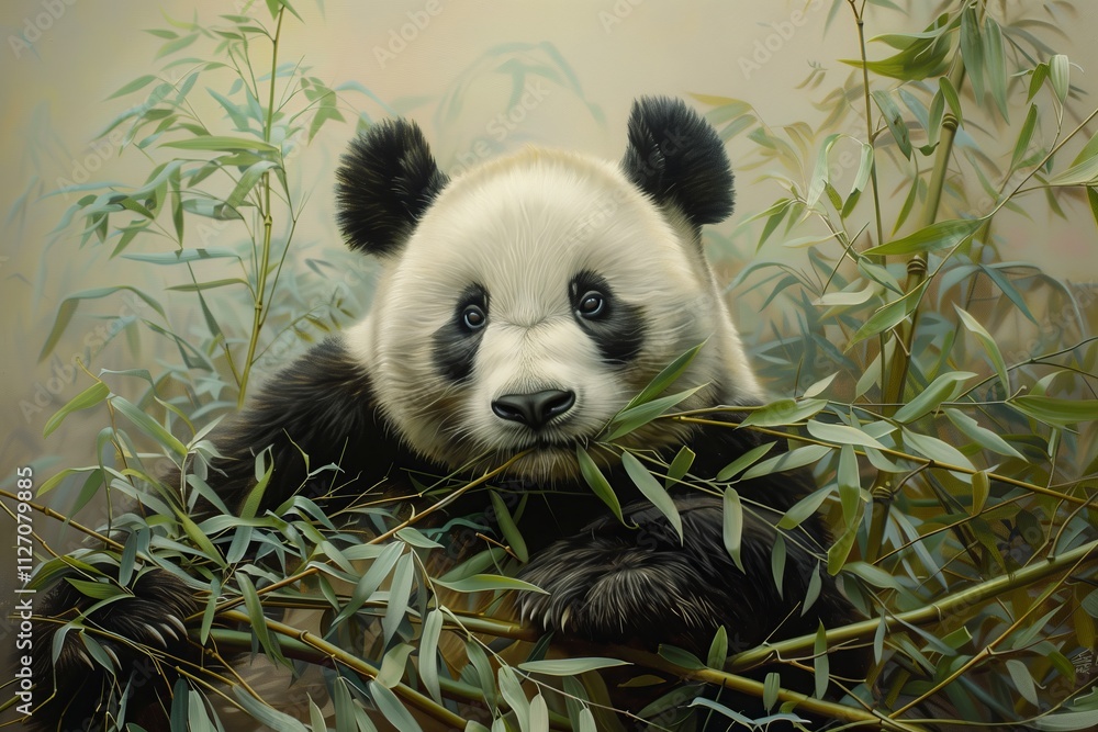 Naklejka premium A cute panda resting among bamboo, showcasing its playful and gentle nature.