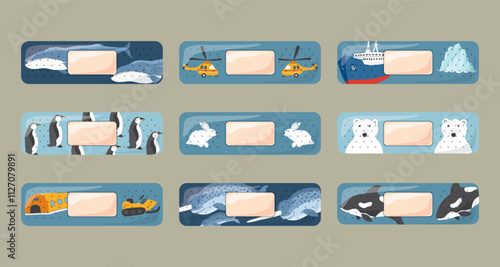 Kid first aid bandages. Cute medical patch for children with cartoon arctic animals, adhesive plasters decoration, sterile plaster design, sticky strip sticker vector illustration.