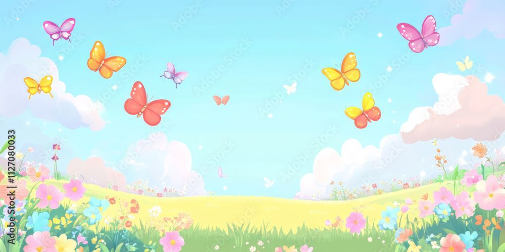 A vibrant meadow under a clear blue sky with numerous colorful butterflies fluttering above blooming wildflowers and fluffy white clouds in the background. A vibrant meadow under a clear blue sky with numerous colorful butterflies fluttering above blooming wildflowers and fluffy white clouds in the background.