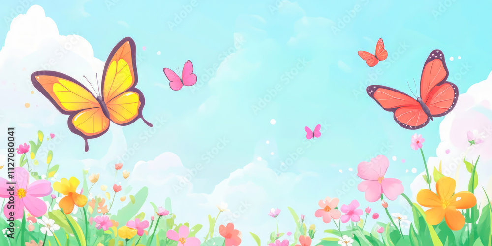 A charming scene of a colorful blooming field under a bright blue sky with vibrant butterflies flying gracefully among the flowers and lush greenery. A charming scene of a colorful blooming field under a bright blue sky with vibrant butterflies flying gracefully among the flowers and lush greenery.