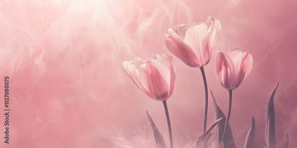 Three graceful pink tulips with soft leaves standing tall against a dreamy pastel pink background bathed in diffused ethereal light. Three graceful pink tulips with soft leaves standing tall against a dreamy pastel pink background bathed in diffused ethereal light.