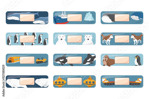 Kid first aid bandages. Cute medical patch for children with cartoon arctic animals, adhesive plasters decoration, sterile plaster design, sticky strip sticker vector illustration.