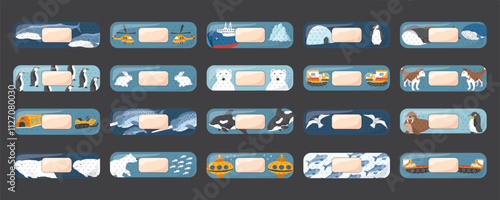 Kid first aid bandages. Cute medical patch for children with cartoon arctic animals, adhesive plasters decoration, sterile plaster design, sticky strip sticker vector illustration.