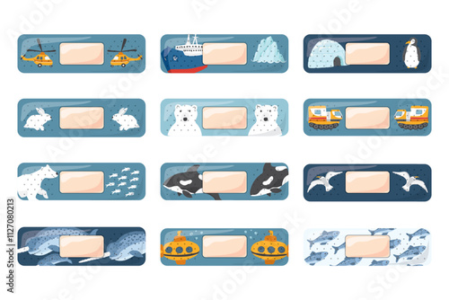 Kid first aid bandages. Cute medical patch for children with cartoon arctic animals, adhesive plasters decoration, sterile plaster design, sticky strip sticker vector illustration.