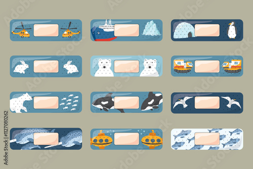 Kid first aid bandages. Cute medical patch for children with cartoon arctic animals, adhesive plasters decoration, sterile plaster design, sticky strip sticker vector illustration.