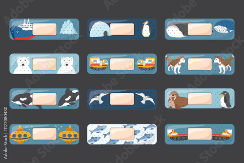 Kid first aid bandages. Cute medical patch for children with cartoon arctic animals, adhesive plasters decoration, sterile plaster design, sticky strip sticker vector illustration.