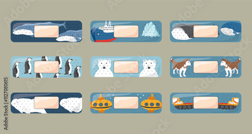 Kid first aid bandages. Cute medical patch for children with cartoon arctic animals, adhesive plasters decoration, sterile plaster design, sticky strip sticker vector illustration.