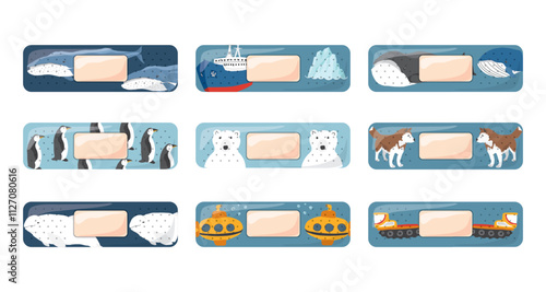 Kid first aid bandages. Cute medical patch for children with cartoon arctic animals, adhesive plasters decoration, sterile plaster design, sticky strip sticker vector illustration.