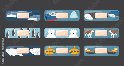 Kid first aid bandages. Cute medical patch for children with cartoon arctic animals, adhesive plasters decoration, sterile plaster design, sticky strip sticker vector illustration.