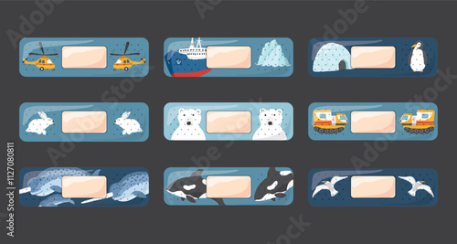 Kid first aid bandages. Cute medical patch for children with cartoon arctic animals, adhesive plasters decoration, sterile plaster design, sticky strip sticker vector illustration.