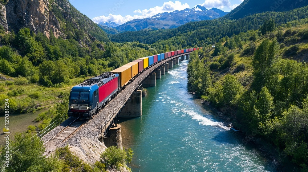 A freight train crosses a scenic bridge over a clear river, surrounded by lush greenery and towering mountains under a bright blue sky. A freight train crosses a scenic bridge over a clear river, surrounded by lush greenery and towering mountains under a bright blue sky.