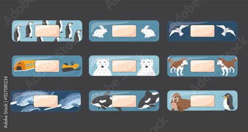 Kid first aid bandages. Cute medical patch for children with cartoon arctic animals, adhesive plasters decoration, sterile plaster design, sticky strip sticker vector illustration.