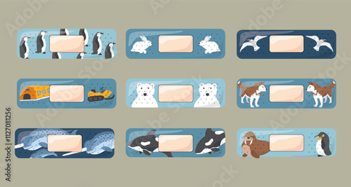 Kid first aid bandages. Cute medical patch for children with cartoon arctic animals, adhesive plasters decoration, sterile plaster design, sticky strip sticker vector illustration.