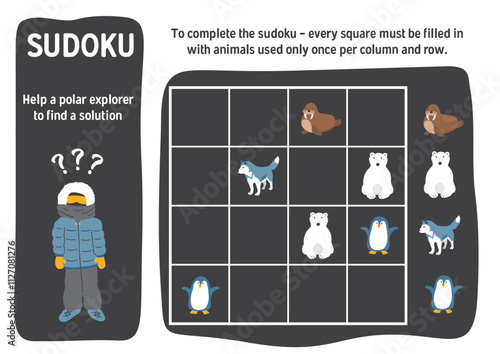 Sudoku game for kids with cute cartoon arctic polar animals. Educational Logic activities game for children. Vector illustration.