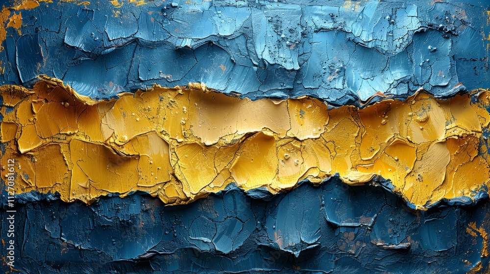 Obraz premium Blue And Yellow Abstract Art with Heavy Texture. Large Horizontal Oil Painting on Canvas