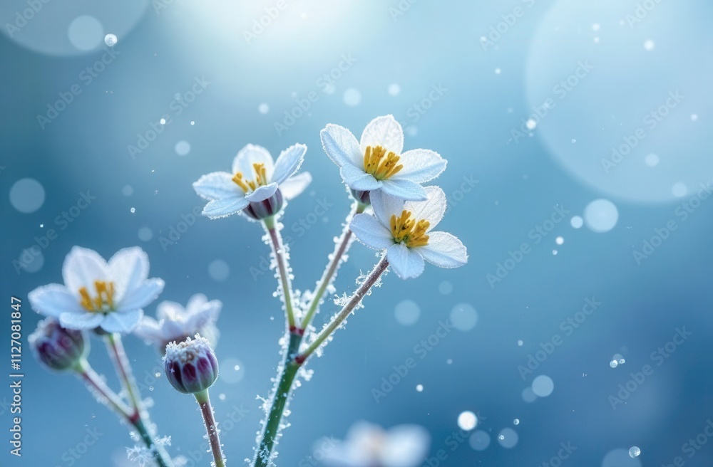 A detailed closeup image of a beautiful flower with snow gently falling on it A detailed closeup image of a beautiful flower with snow gently falling on it