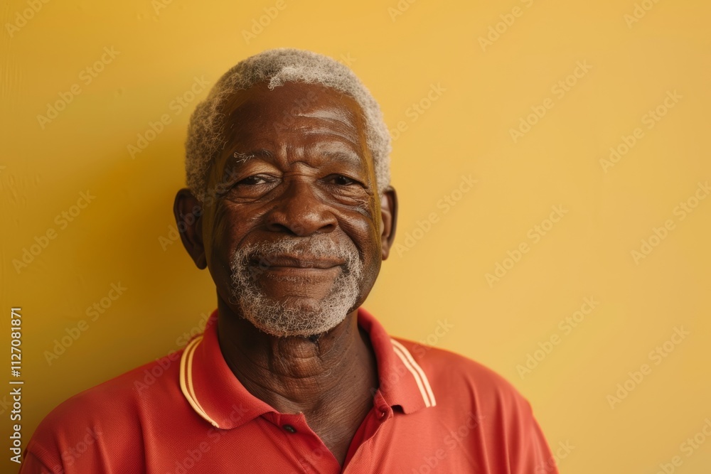 Portrait of a content afro-american man in his 60s wearing a breathable golf polo isolated on soft yellow background Portrait of a content afro-american man in his 60s wearing a breathable golf polo isolated on soft yellow background