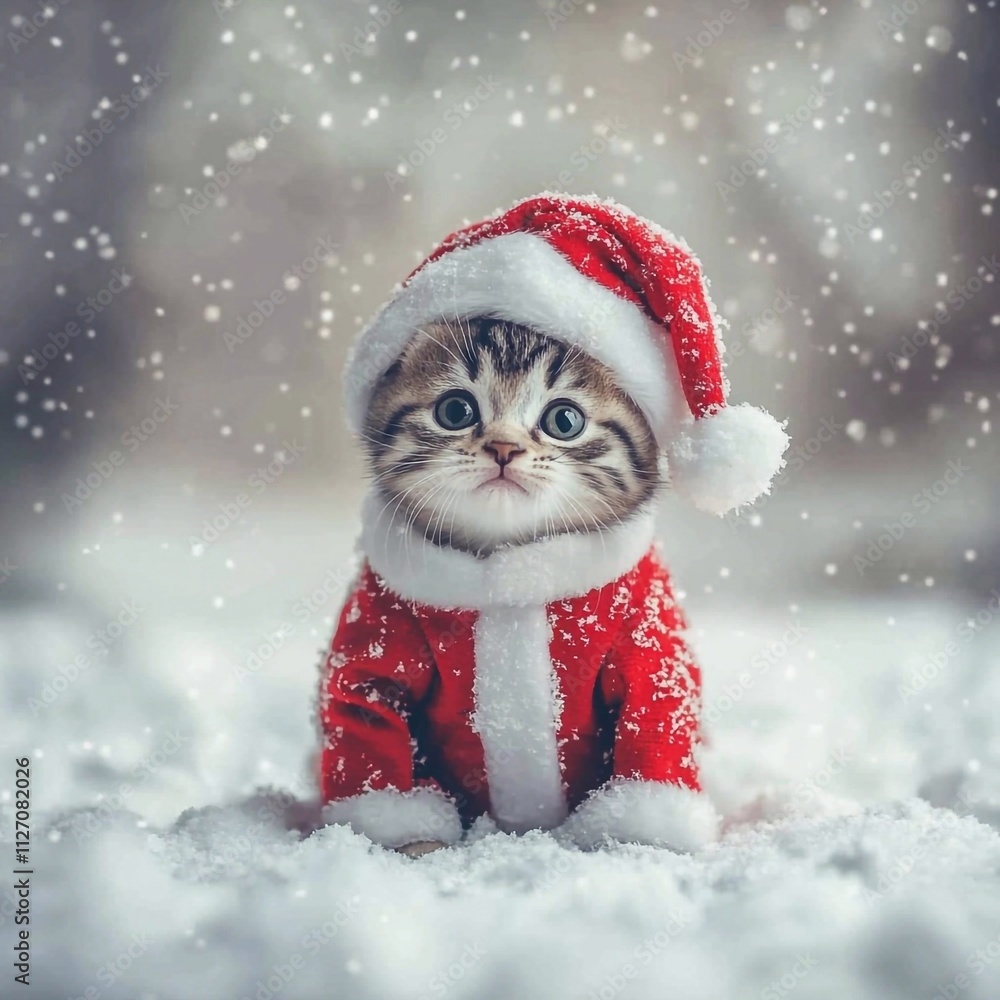 Cute kitten in a Santa Claus costume and hat, full length, looking at the camera, on a white background, sitting in the snow, copy space for text, Picture for postcard and poster Cute kitten in a Santa Claus costume and hat, full length, looking at the camera, on a white background, sitting in the snow, copy space for text, Picture for postcard and poster