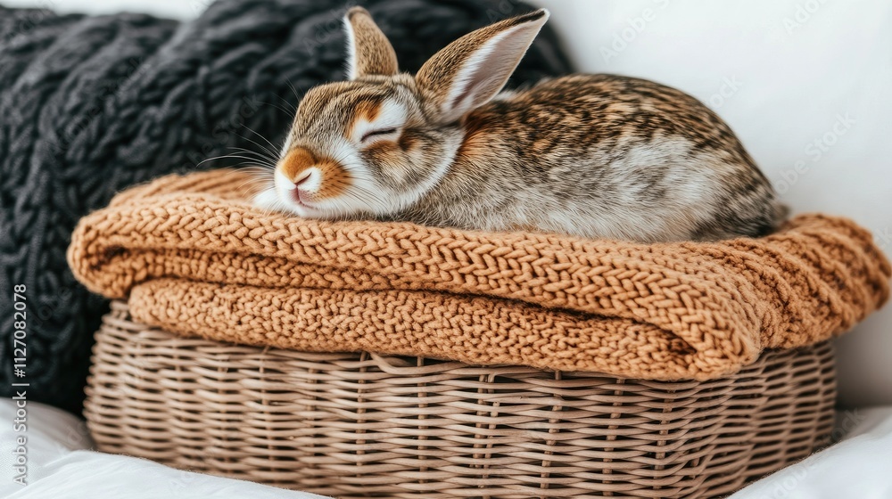 Obraz premium A brown rabbit lies peacefully on a soft blanket placed inside a woven basket. Colorful flowers decorate the background, creating a serene indoor atmosphere
