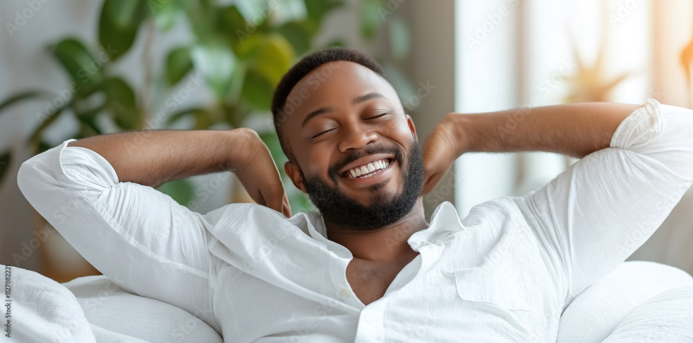 joyful man relaxing on sofa, stretching with smile in bright room filled with plants. His expression conveys happiness and tranquility joyful man relaxing on sofa, stretching with smile in bright room filled with plants. His expression conveys happiness and tranquility