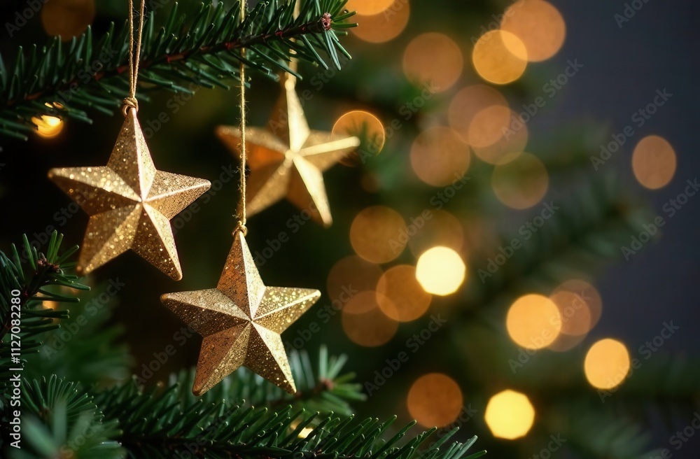 Closeup of a Christmas tree adorned with gold stars with blurred bokeh background Closeup of a Christmas tree adorned with gold stars with blurred bokeh background