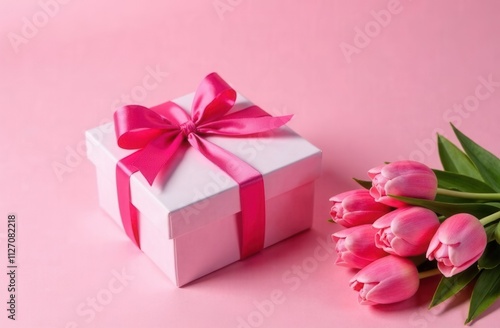 A pink gift box with a bow and pink tulips on a pink background