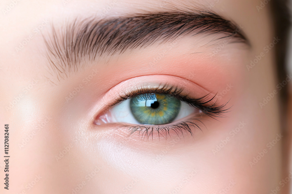 Obraz premium Close up of beautiful green eye with rainbow colored iris, showcasing intricate details and natural beauty. soft makeup enhances eye features