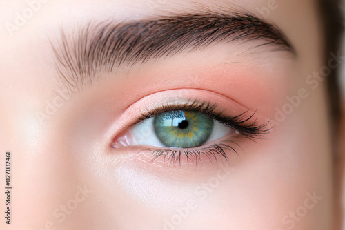 Close up of beautiful green eye with rainbow colored iris, showcasing intricate details and natural beauty. soft makeup enhances eye features