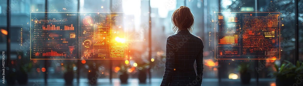 Fototapeta premium Innovative Business Worker Engages with IoT Technology in a Modern Office Setting Futuristic Digital Interaction Urban Environment Professional Insight