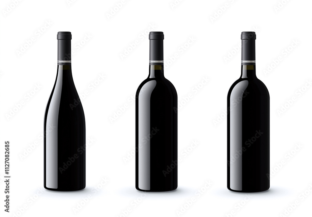 Black wine bottles in various shapes, perfect for elegant presentations and branding. Ideal for showcasing premium wines or as part of sophisticated dining setup Black wine bottles in various shapes, perfect for elegant presentations and branding. Ideal for showcasing premium wines or as part of sophisticated dining setup