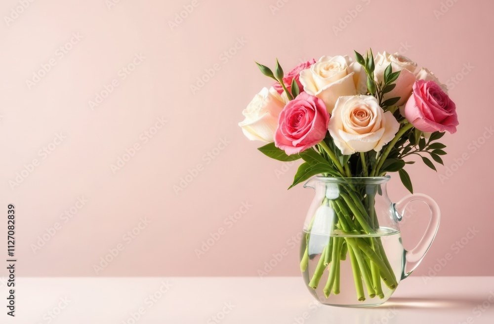 bouquet of pink roses in vase on pink pastel background with copyspace bouquet of pink roses in vase on pink pastel background with copyspace