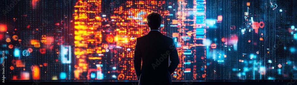 Business Worker IoT Data Insights in a High-Tech Environment Corporate Office Digital Visualization Futuristic Concept Business Worker IoT Data Insights in a High-Tech Environment Corporate Office Digital Visualization Futuristic Concept