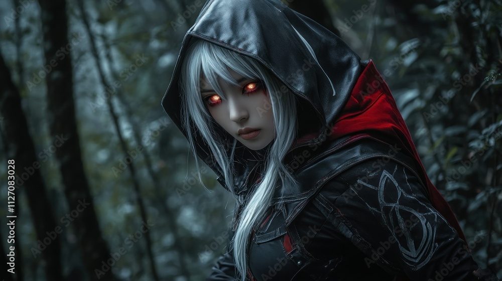 An Asian woman dressed like a black hooded witch assassin with white hair, blazing eyes ready to act She in a dense forest background AI generated image An Asian woman dressed like a black hooded witch assassin with white hair, blazing eyes ready to act She in a dense forest background AI generated image