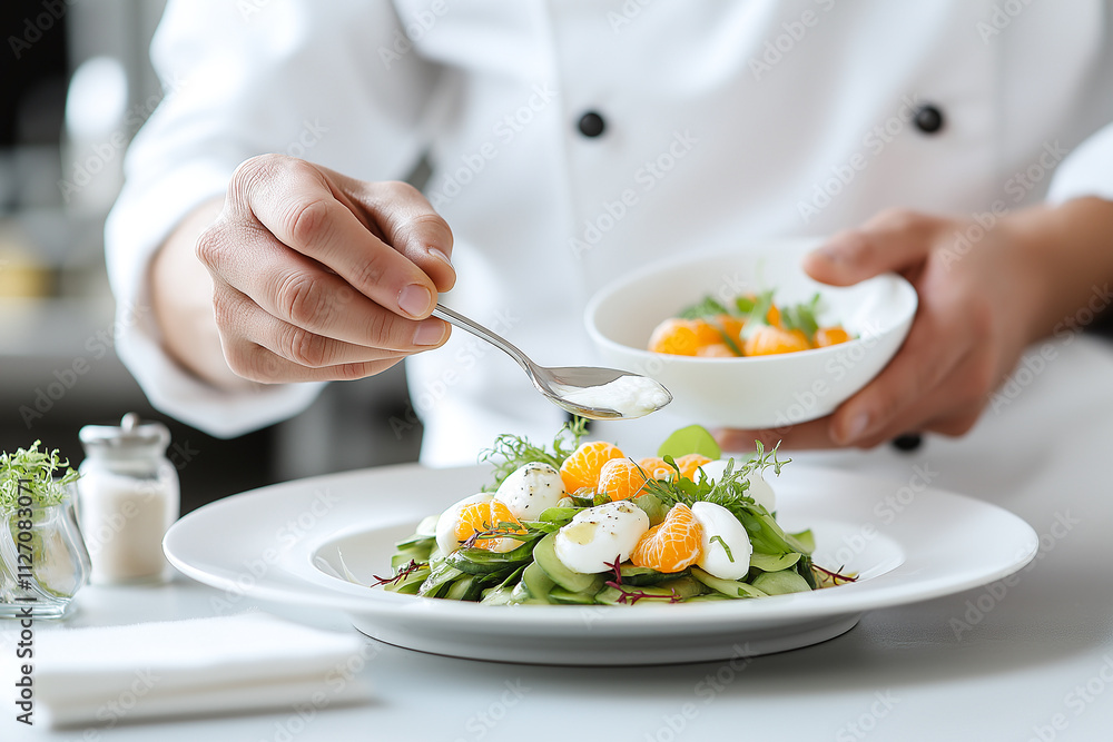 chef is skillfully dressing fresh salad with spoon, adding vibrant ingredients like mandarin oranges and quail eggs, showcasing culinary artistry and attention to detail chef is skillfully dressing fresh salad with spoon, adding vibrant ingredients like mandarin oranges and quail eggs, showcasing culinary artistry and attention to detail