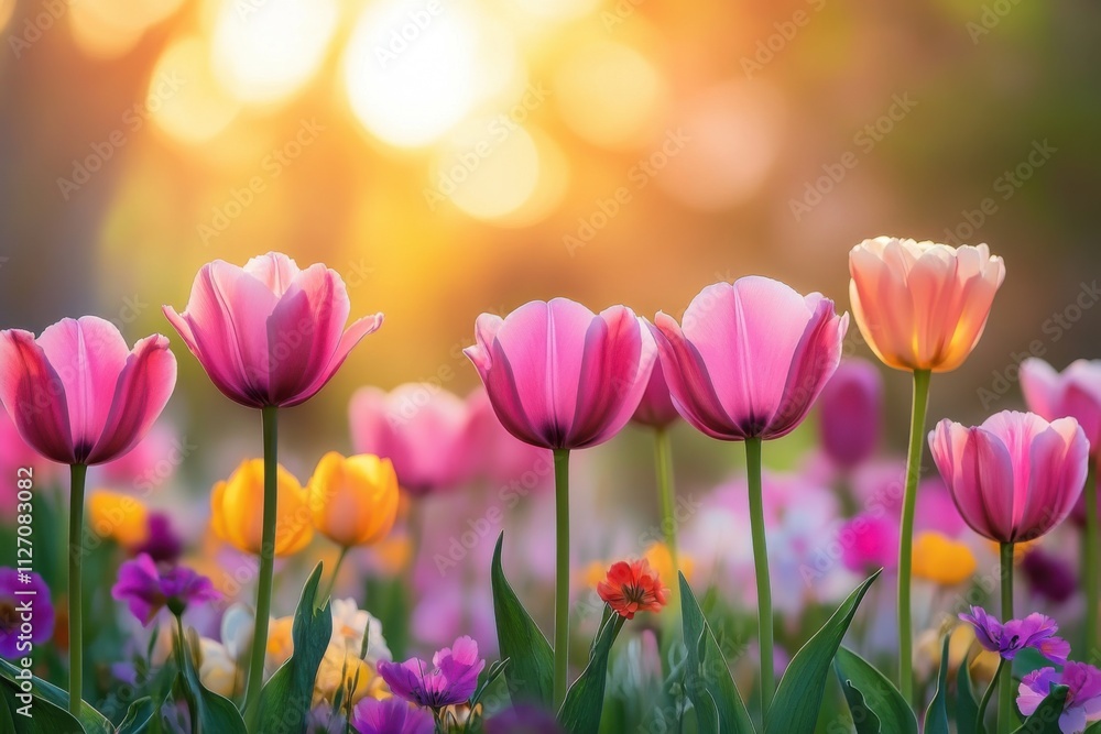 Colorful spring sunrise on meadow Colorful spring sunrise on meadow