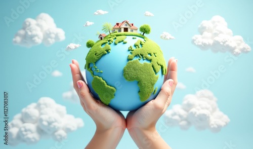 the blue-green planet Earth with houses and trees in its hands against the background of a blue sky with clouds, the concept of environmental protection and peace