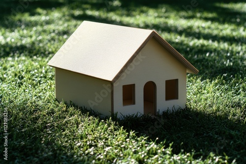 Small model home on green grass with sunlight abstract background