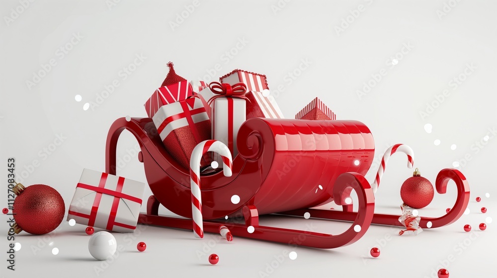 Naklejka premium Red sleigh overflowing with colorful gifts and candy canes, isolated on a pristine white background