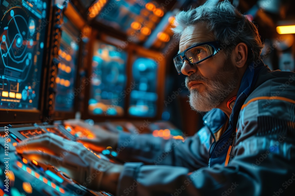 A focused technician operates advanced control panels in a futuristic environment. A focused technician operates advanced control panels in a futuristic environment.