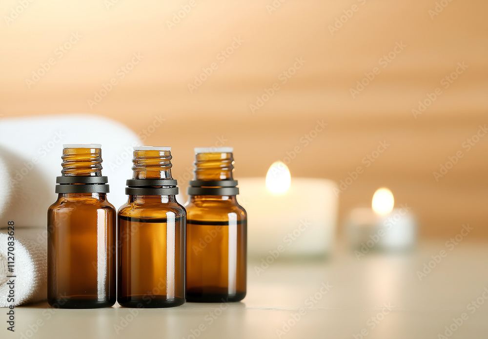 Three brown glass bottles of essential oils are placed beside white towels and lit candles, creating calming and serene atmosphere perfect for relaxation Three brown glass bottles of essential oils are placed beside white towels and lit candles, creating calming and serene atmosphere perfect for relaxation