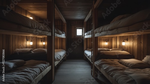 Wallpaper Mural Cozy wooden bunk room with soft lighting and comfortable bedding Torontodigital.ca