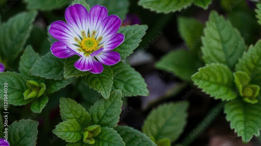 Vibrant purple flower petals and lush green leaves in a close-up shot, growth, plant, flower Vibrant purple flower petals and lush green leaves in a close-up shot, growth, plant, flower
