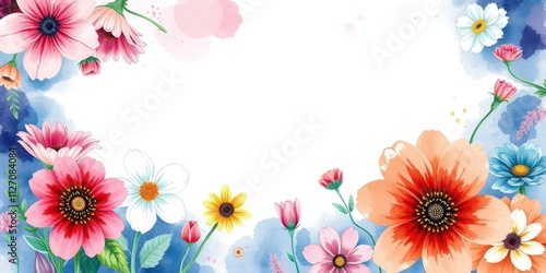 Vibrant watercolor illustration of various flowers in bloom, nature, garden
