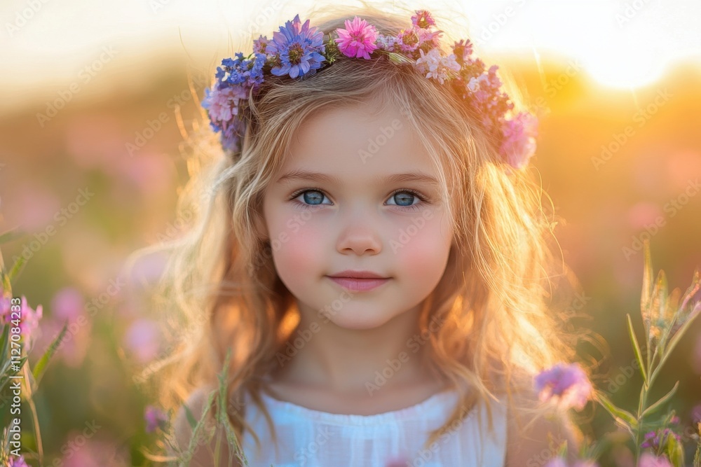 Cute kid with flower crown, sweet meadow at sunset Cute kid with flower crown, sweet meadow at sunset