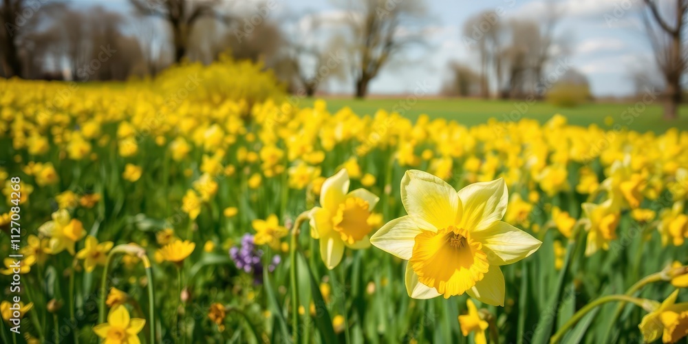 Vibrant yellow daffodil flowers blooming in a lush green field under sunny skies, floral, flowers Vibrant yellow daffodil flowers blooming in a lush green field under sunny skies, floral, flowers