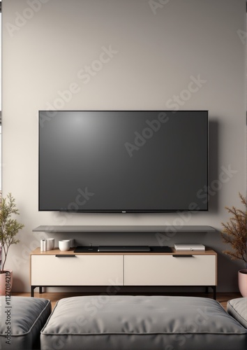 A sleek curved TV mockup with ambient reflections, displayed on a modern entertainment unit with minimalist decor and neutral tones.